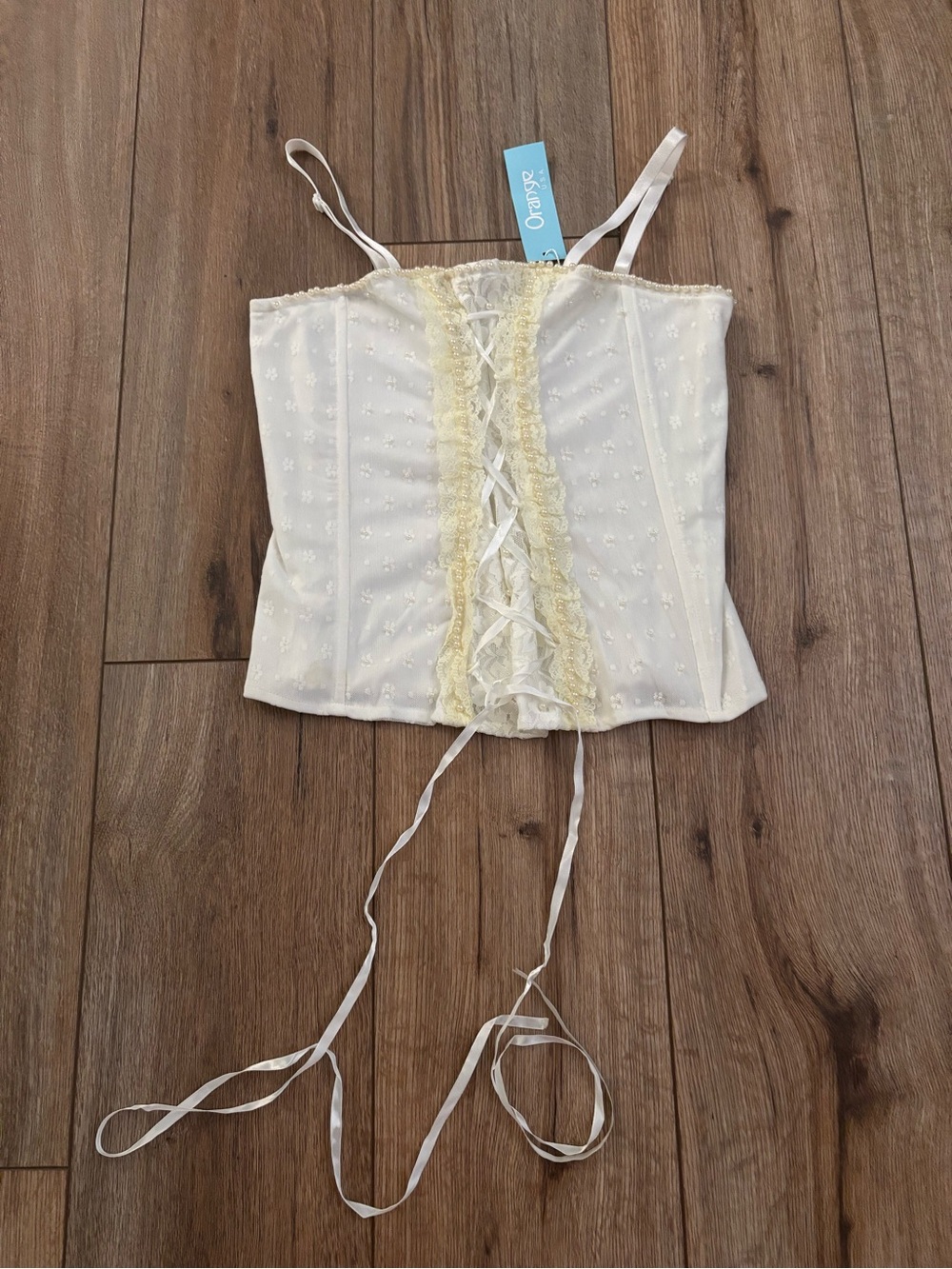 NWT Vintage Y2K Corset Lace Up Top with Pearls & Lace by Orange USA